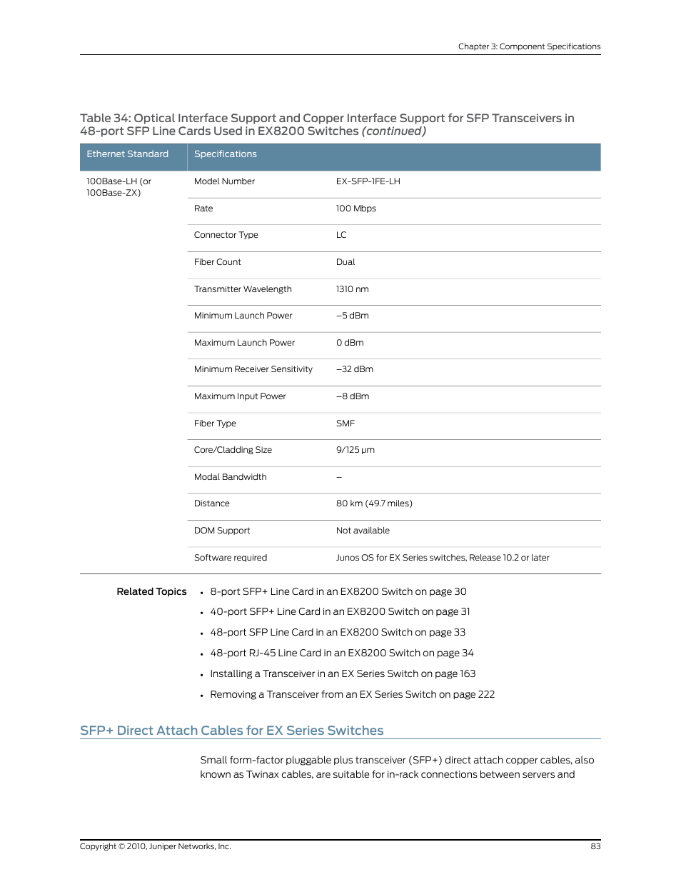 Sfp+ direct attach cables for ex series switches | Juniper Networks EX8208 User Manual | Page 109 / 338