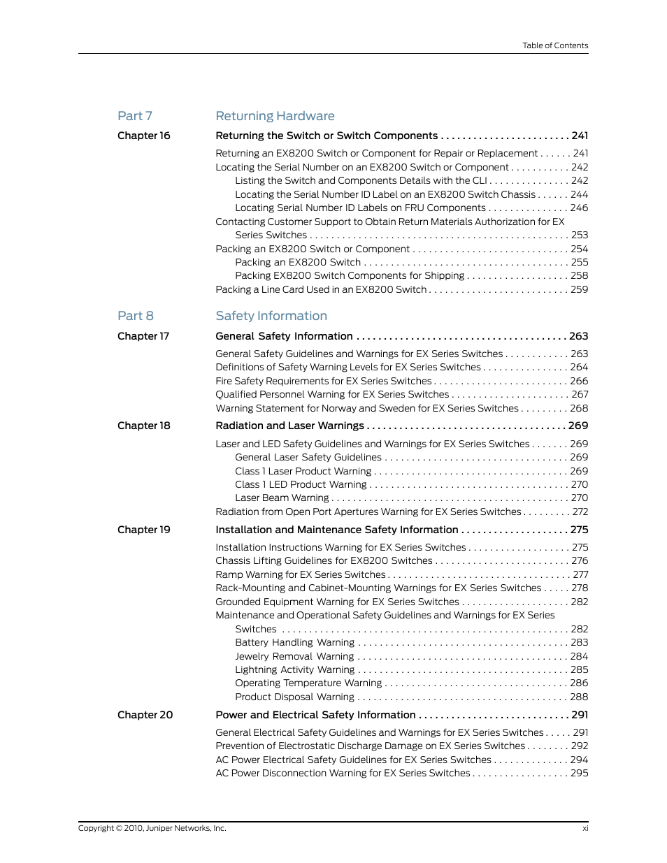 Part 7 returning hardware, Part 8 safety information | Juniper Networks EX8208 User Manual | Page 11 / 338