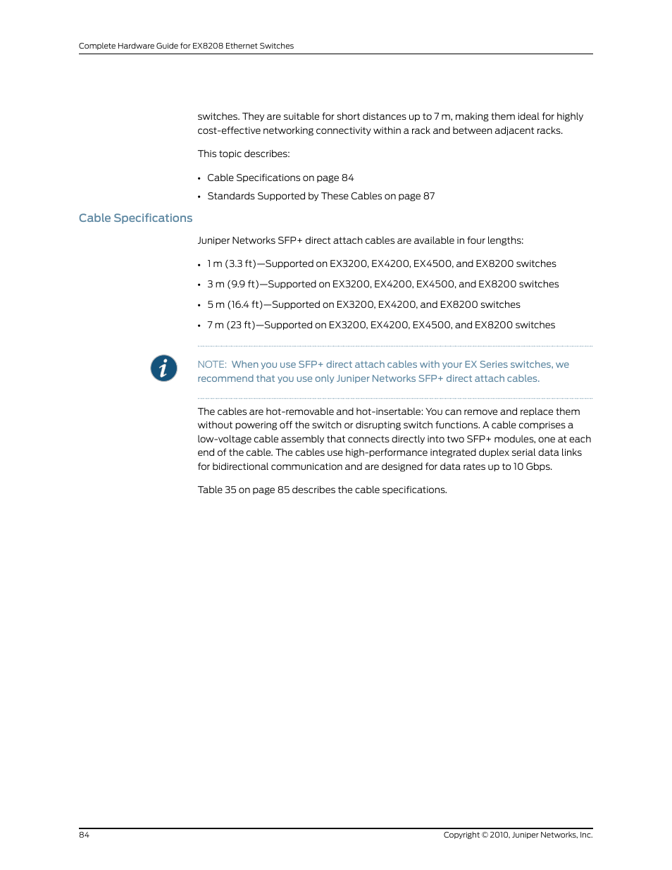 Cable specifications | Juniper Networks EX8208 User Manual | Page 110 / 338