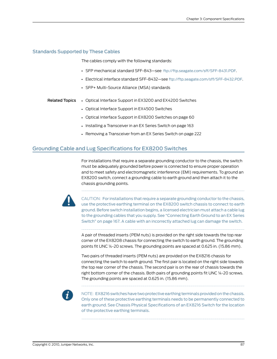 Standards supported by these cables | Juniper Networks EX8208 User Manual | Page 113 / 338