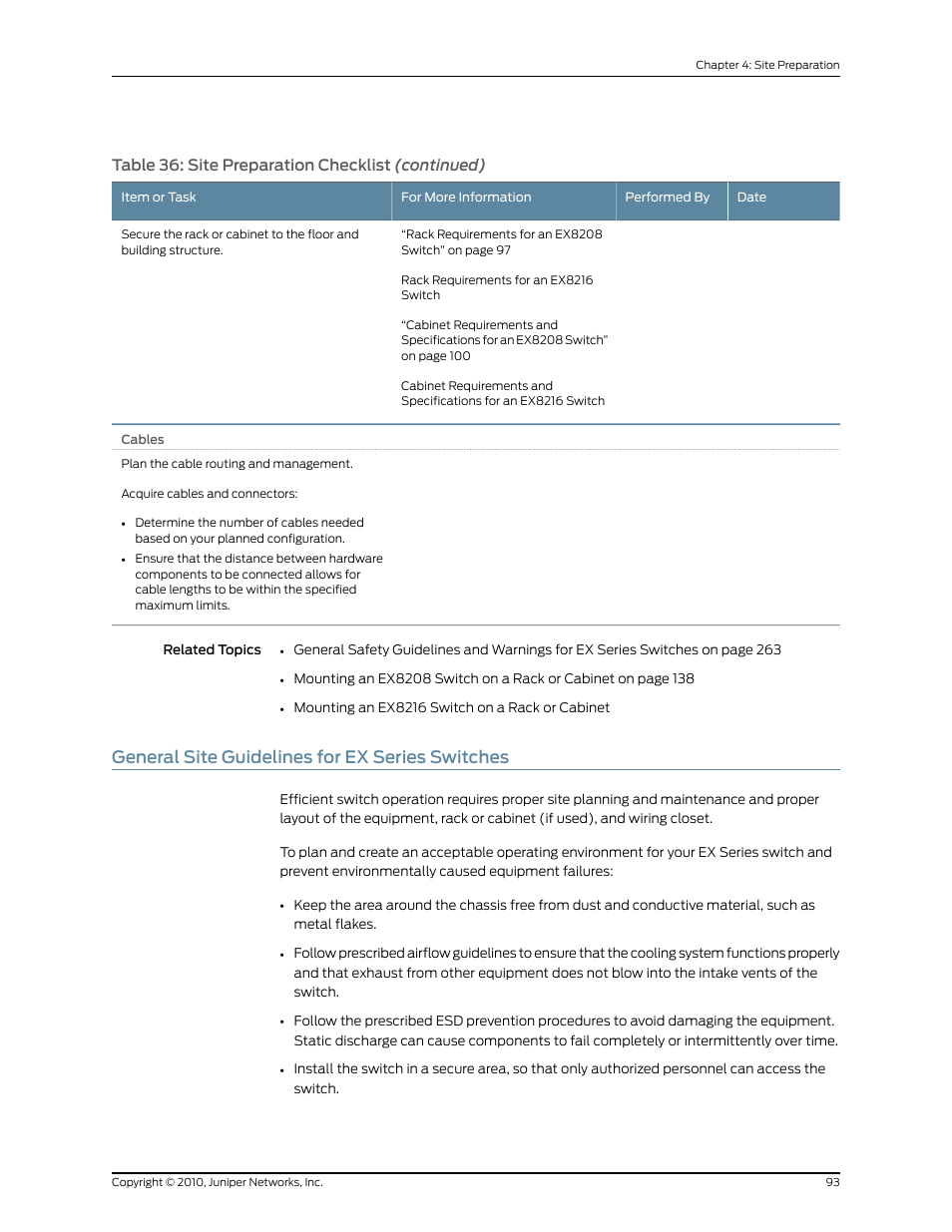General site guidelines for ex series switches, Table 36: site preparation checklist (continued) | Juniper Networks EX8208 User Manual | Page 119 / 338