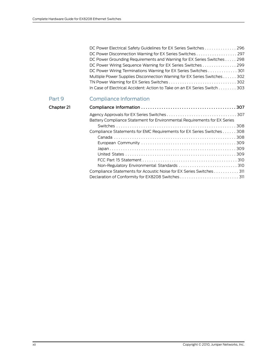 Part 9 compliance information | Juniper Networks EX8208 User Manual | Page 12 / 338