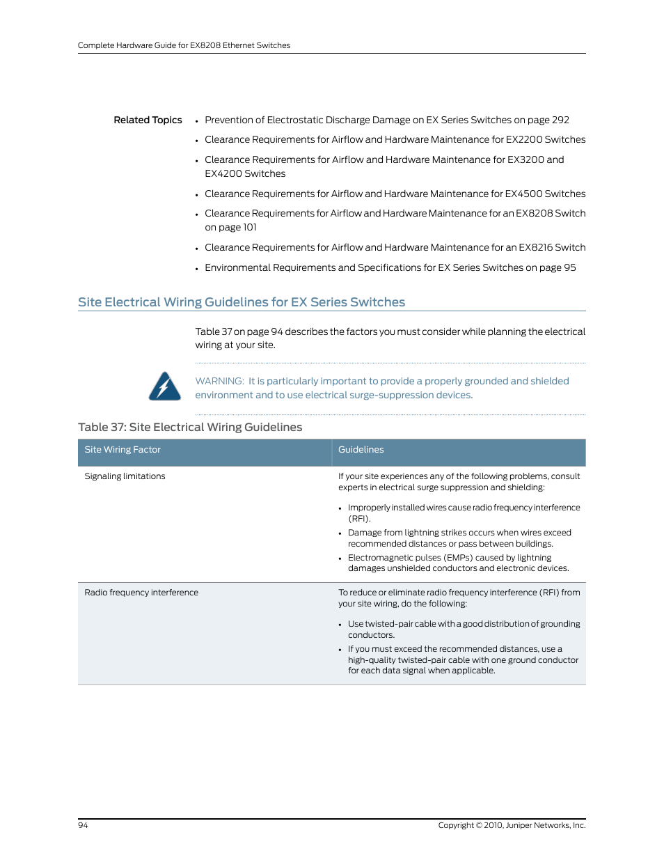 Table 37: site electrical wiring guidelines | Juniper Networks EX8208 User Manual | Page 120 / 338