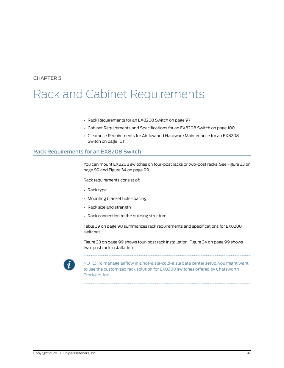 Chapter 5: rack and cabinet requirements, Rack requirements for an ex8208 switch, Chapter 5 | Rack and cabinet requirements | Juniper Networks EX8208 User Manual | Page 123 / 338