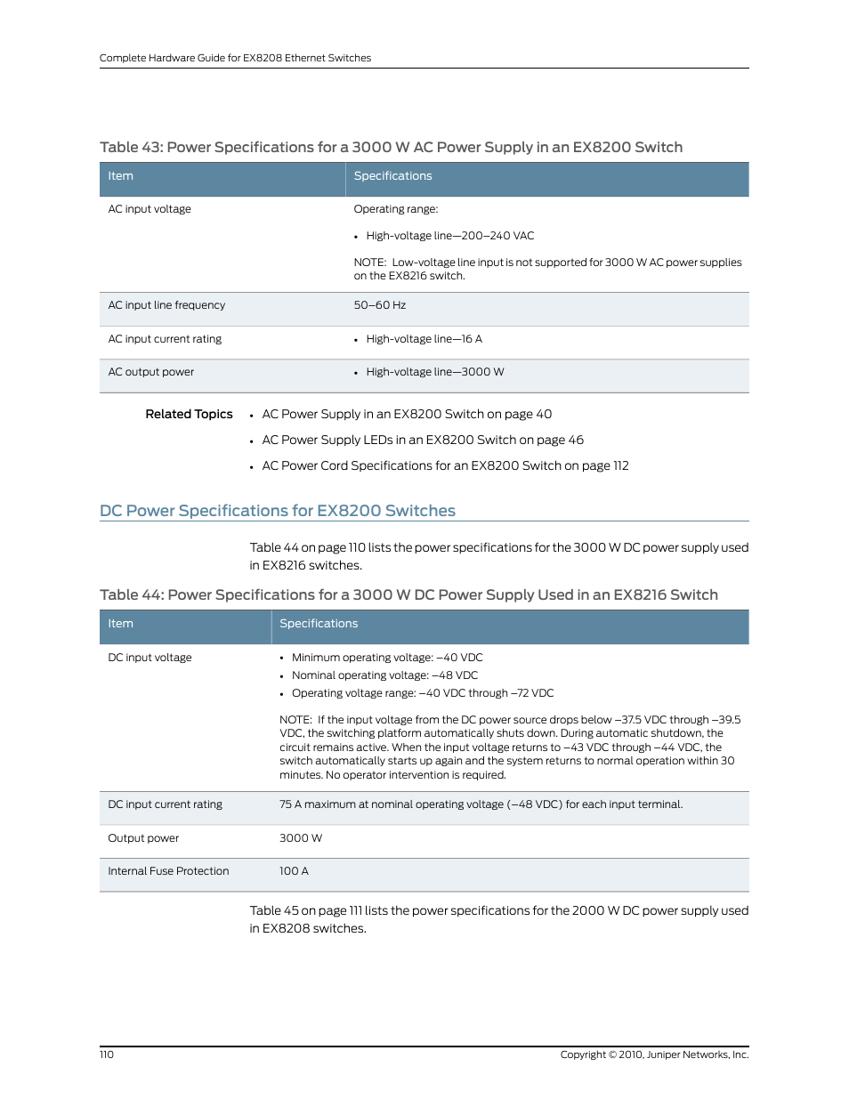 Dc power specifications for ex8200 switches, Switch, Ex8216 switch | Juniper Networks EX8208 User Manual | Page 136 / 338