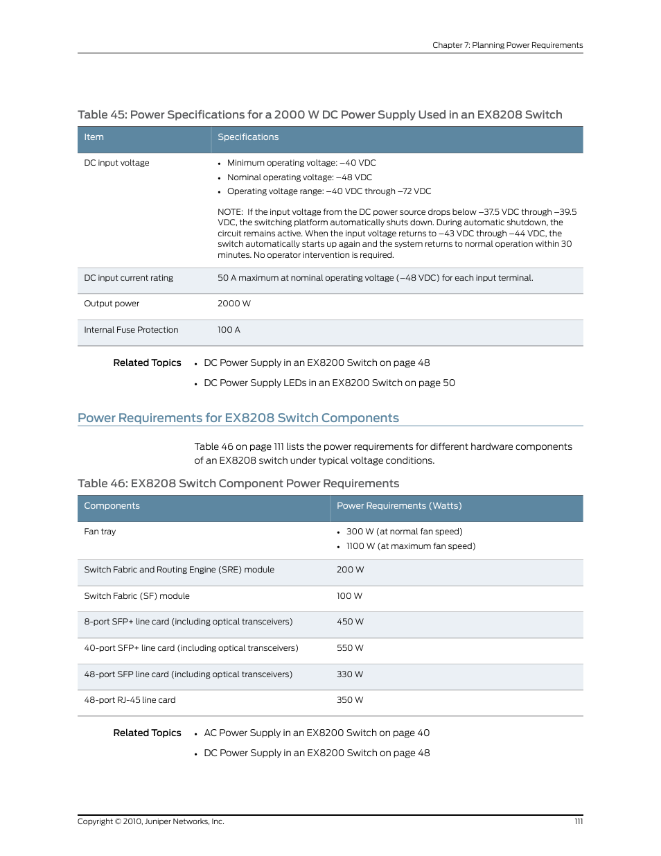 Power requirements for ex8208 switch components, Ex8208 switch | Juniper Networks EX8208 User Manual | Page 137 / 338