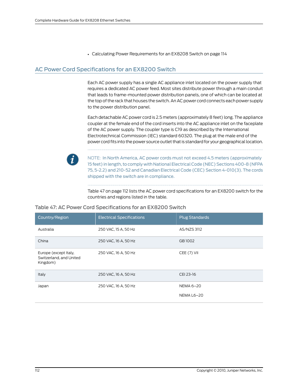 Ac power cord specifications for an ex8200 switch | Juniper Networks EX8208 User Manual | Page 138 / 338