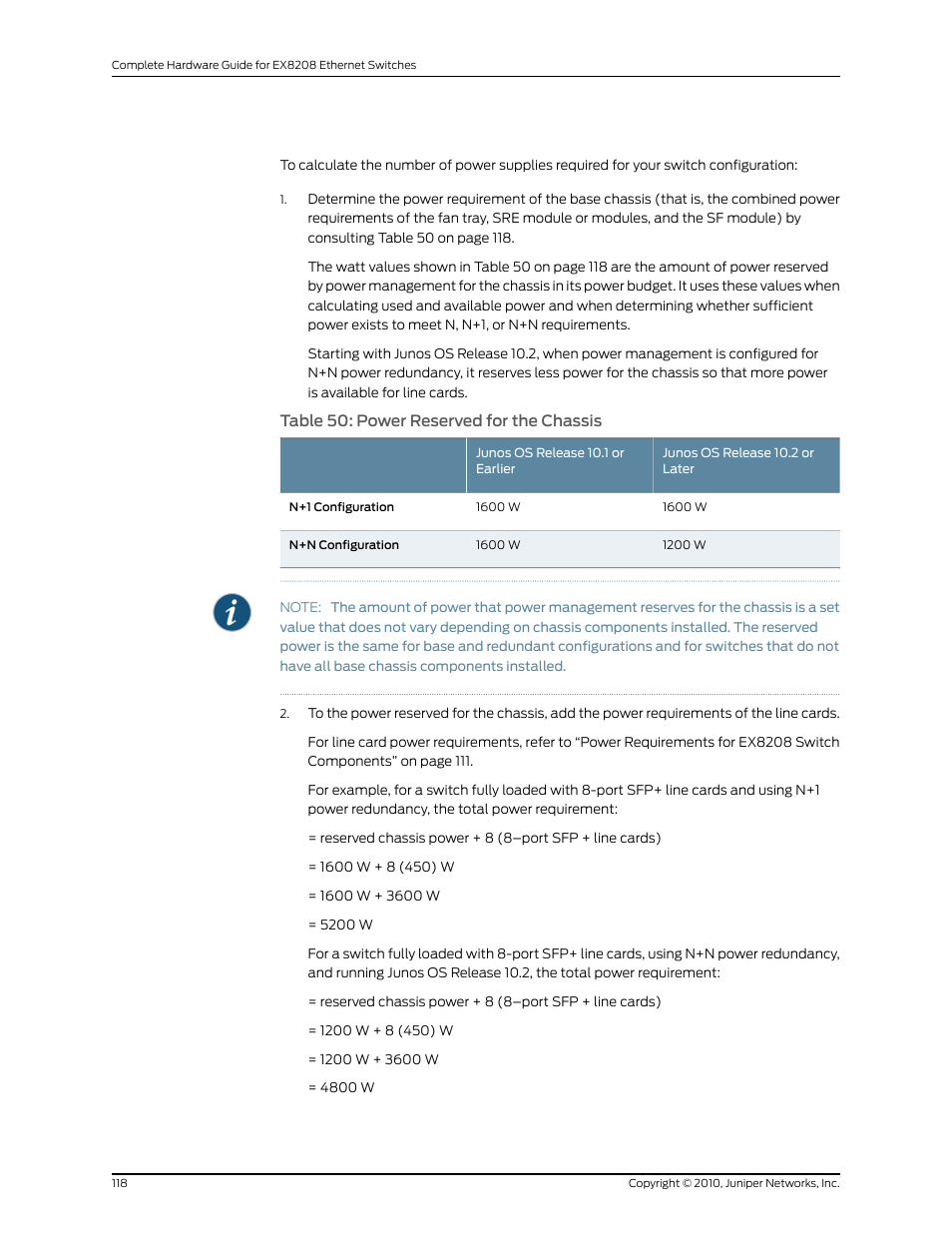 Table 50: power reserved for the chassis | Juniper Networks EX8208 User Manual | Page 144 / 338