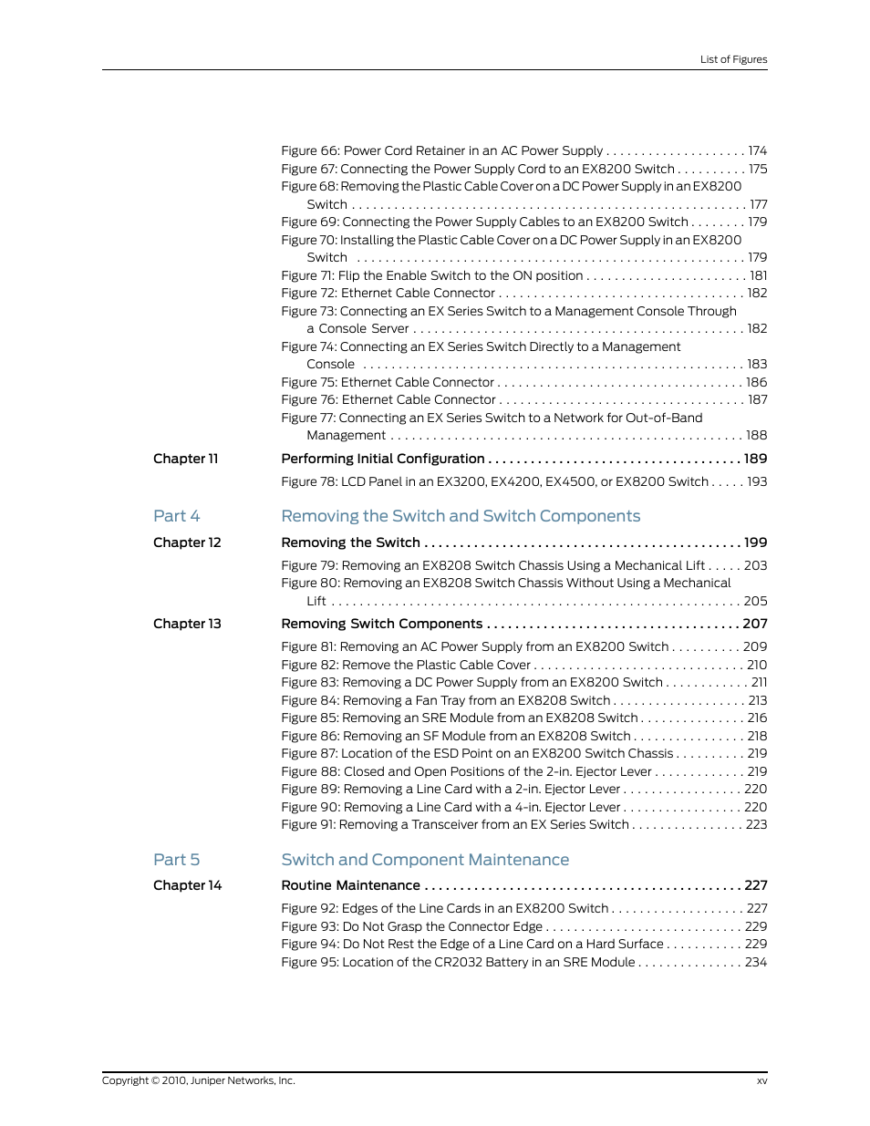 Part 4 removing the switch and switch components, Part 5 switch and component maintenance | Juniper Networks EX8208 User Manual | Page 15 / 338