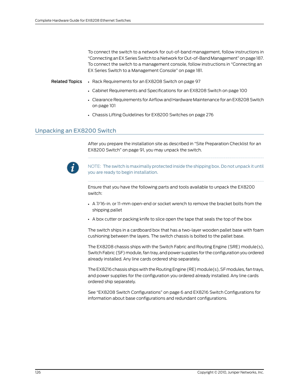 Unpacking an ex8200 switch | Juniper Networks EX8208 User Manual | Page 152 / 338