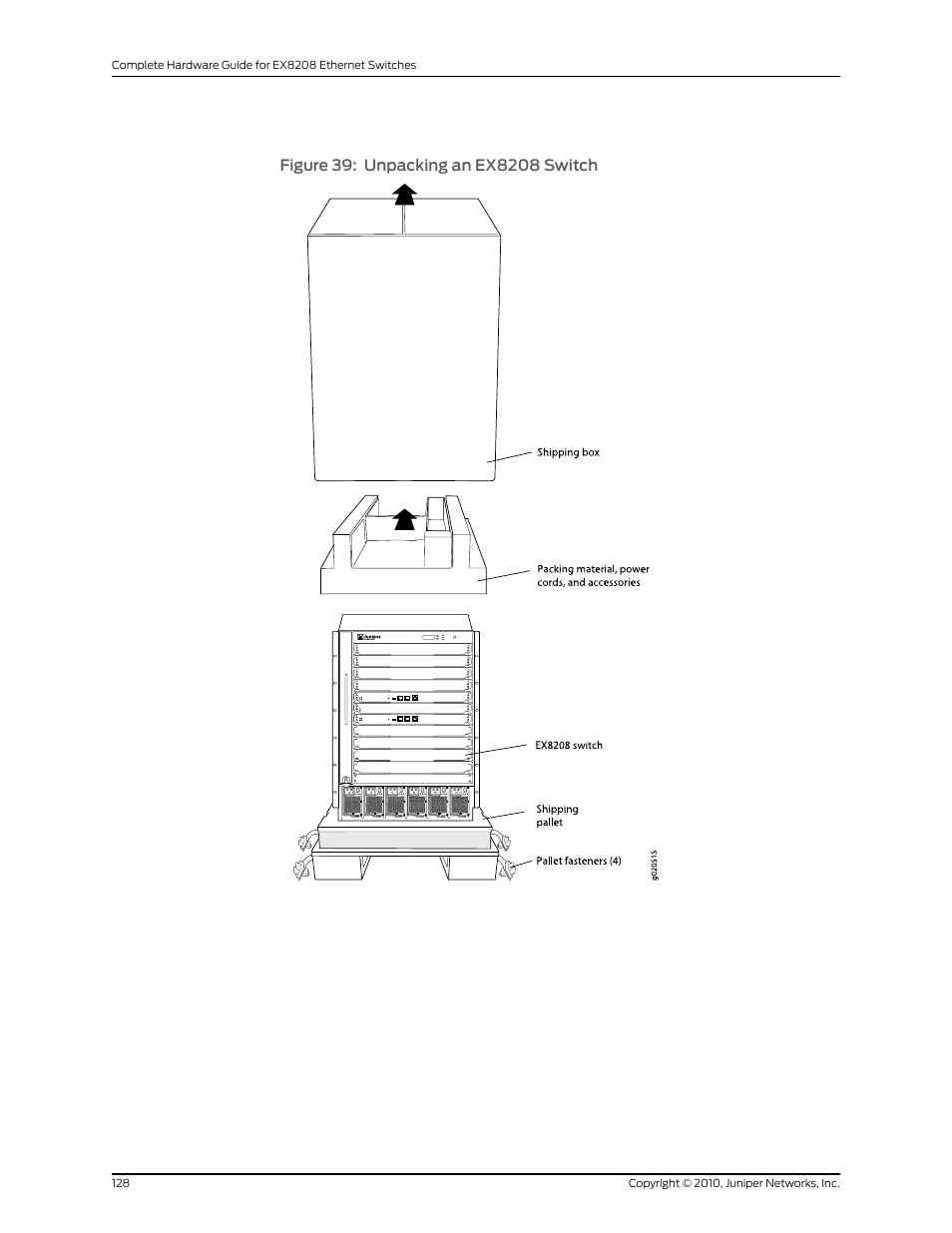 Figure 39: unpacking an ex8208 switch | Juniper Networks EX8208 User Manual | Page 154 / 338