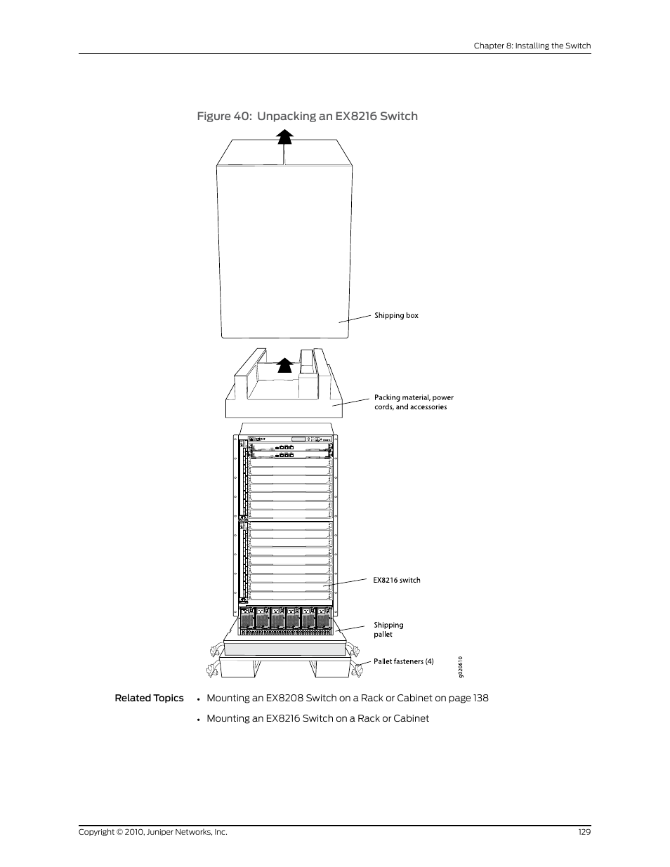Figure 40: unpacking an ex8216 switch | Juniper Networks EX8208 User Manual | Page 155 / 338