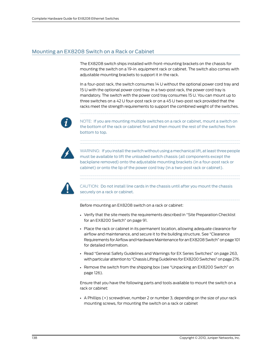 Mounting an ex8208 switch on a rack or cabinet | Juniper Networks EX8208 User Manual | Page 164 / 338