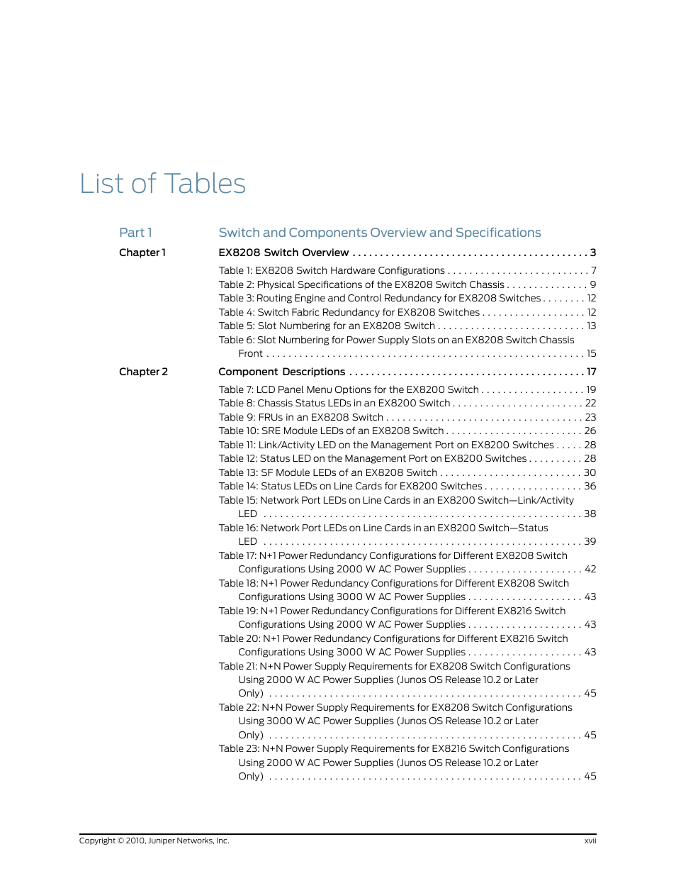 List of tables | Juniper Networks EX8208 User Manual | Page 17 / 338