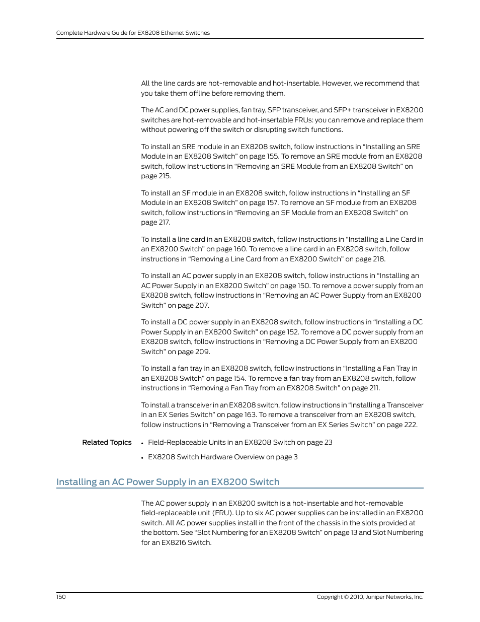 Installing an ac power supply in an ex8200 switch | Juniper Networks EX8208 User Manual | Page 176 / 338