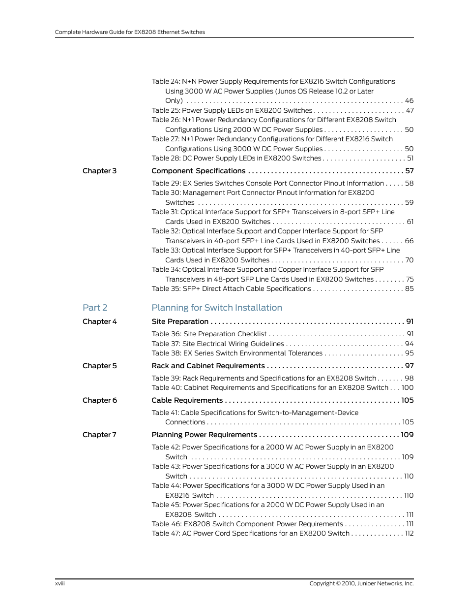 Part 2 planning for switch installation | Juniper Networks EX8208 User Manual | Page 18 / 338