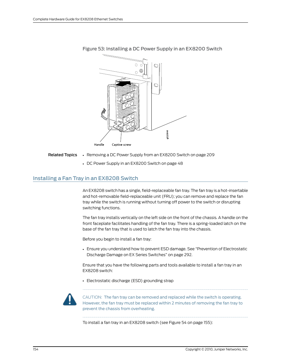 Installing a fan tray in an ex8208 switch | Juniper Networks EX8208 User Manual | Page 180 / 338