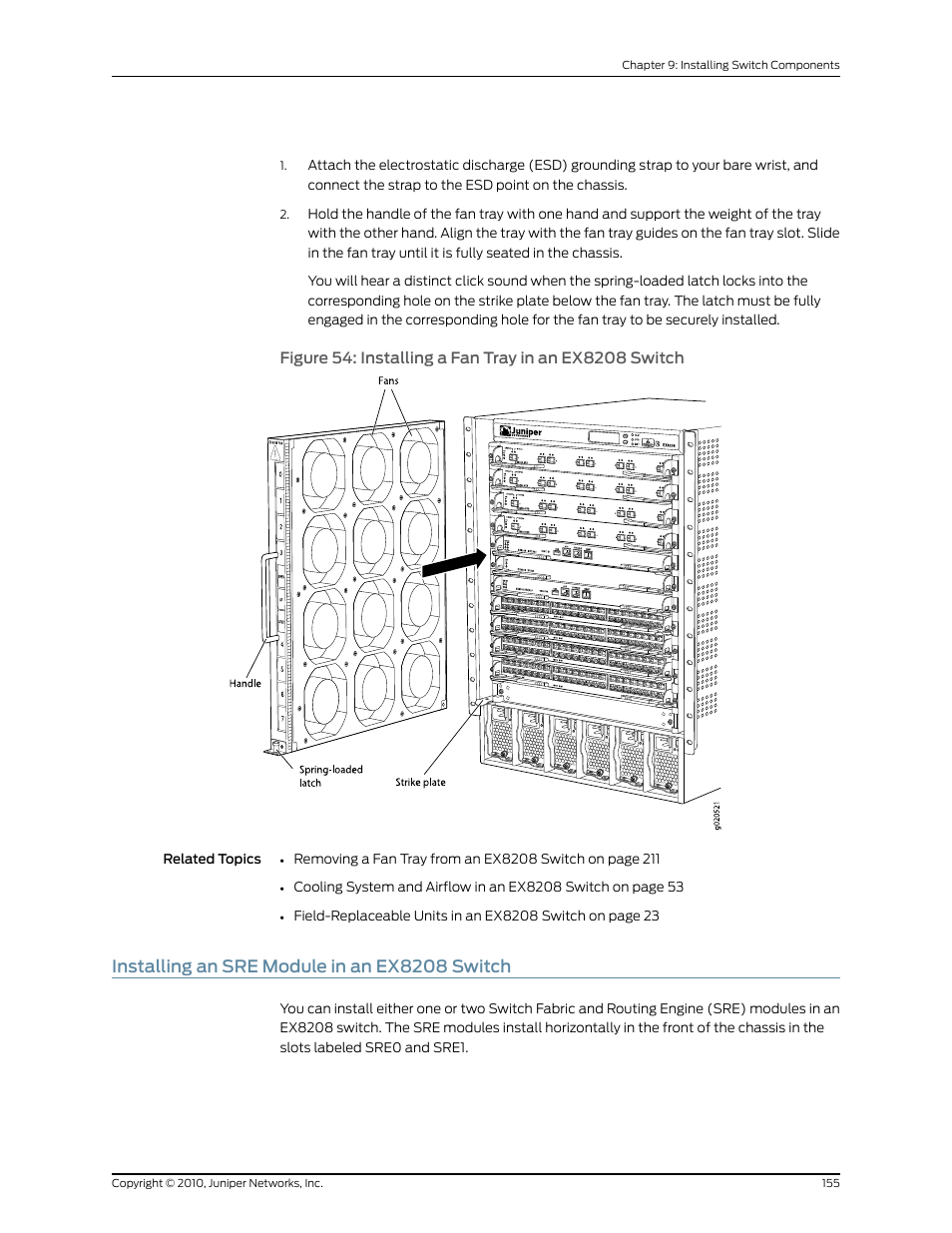Installing an sre module in an ex8208 switch | Juniper Networks EX8208 User Manual | Page 181 / 338