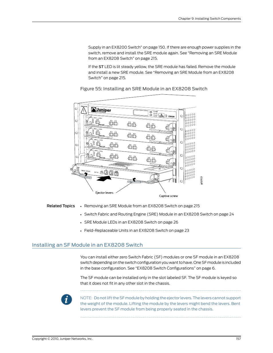 Installing an sf module in an ex8208 switch | Juniper Networks EX8208 User Manual | Page 183 / 338