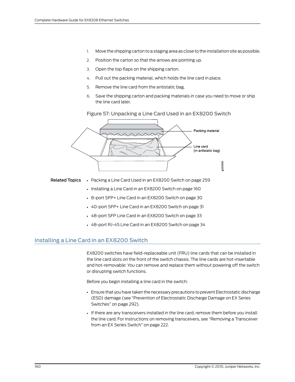 Installing a line card in an ex8200 switch | Juniper Networks EX8208 User Manual | Page 186 / 338