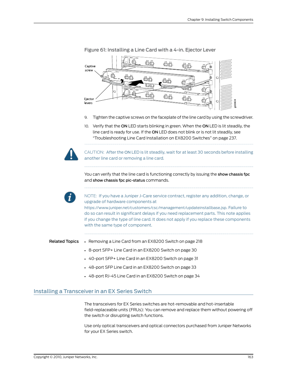 Installing a transceiver in an ex series switch | Juniper Networks EX8208 User Manual | Page 189 / 338
