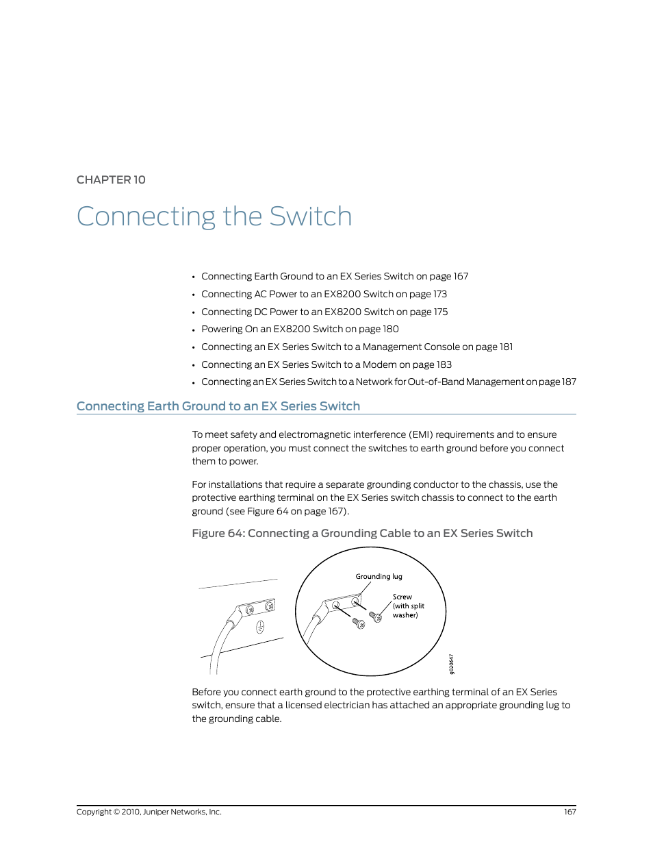 Chapter 10: connecting the switch, Connecting earth ground to an ex series switch, Chapter 10 | Connecting the switch | Juniper Networks EX8208 User Manual | Page 193 / 338