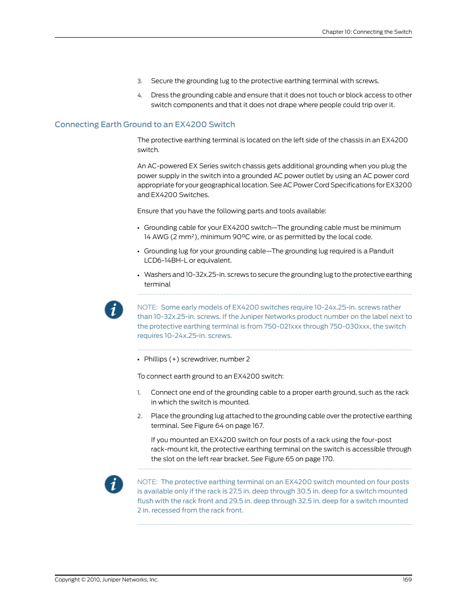 Connecting earth ground to an ex4200 switch | Juniper Networks EX8208 User Manual | Page 195 / 338