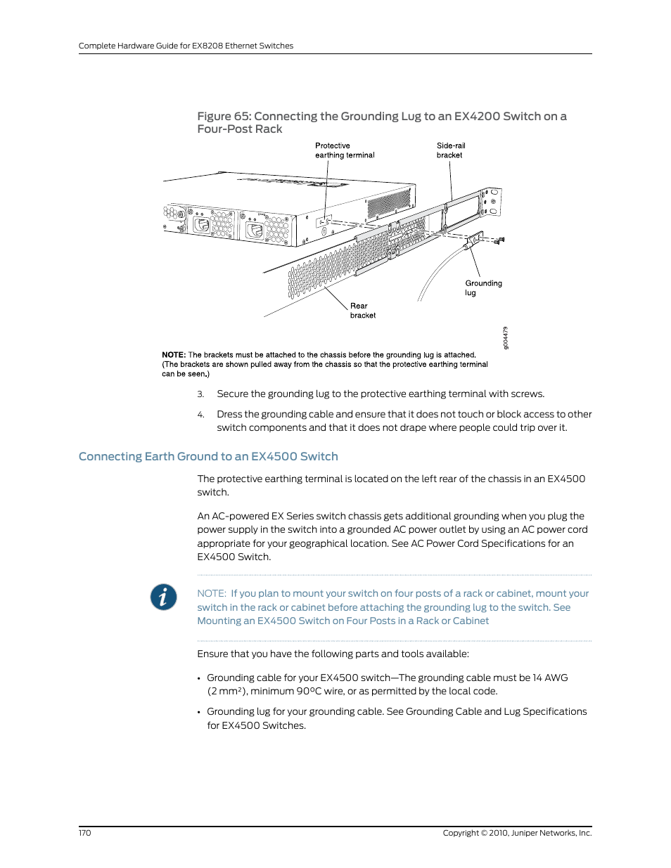 Connecting earth ground to an ex4500 switch, Rack | Juniper Networks EX8208 User Manual | Page 196 / 338