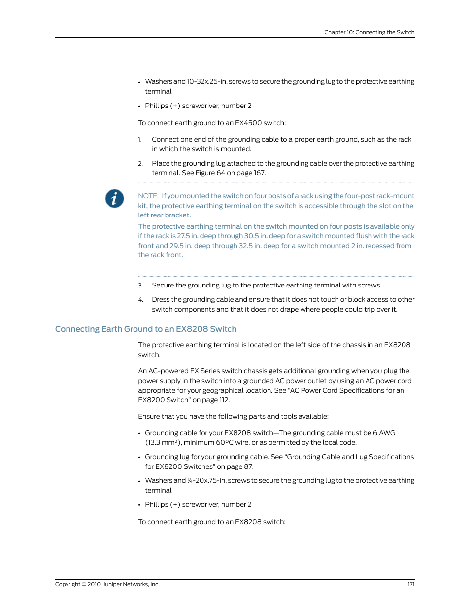 Connecting earth ground to an ex8208 switch | Juniper Networks EX8208 User Manual | Page 197 / 338