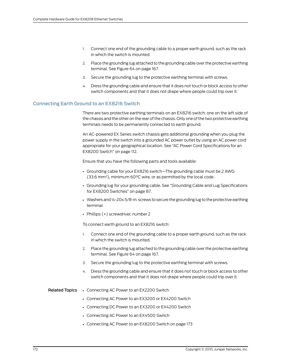 Connecting earth ground to an ex8216 switch | Juniper Networks EX8208 User Manual | Page 198 / 338