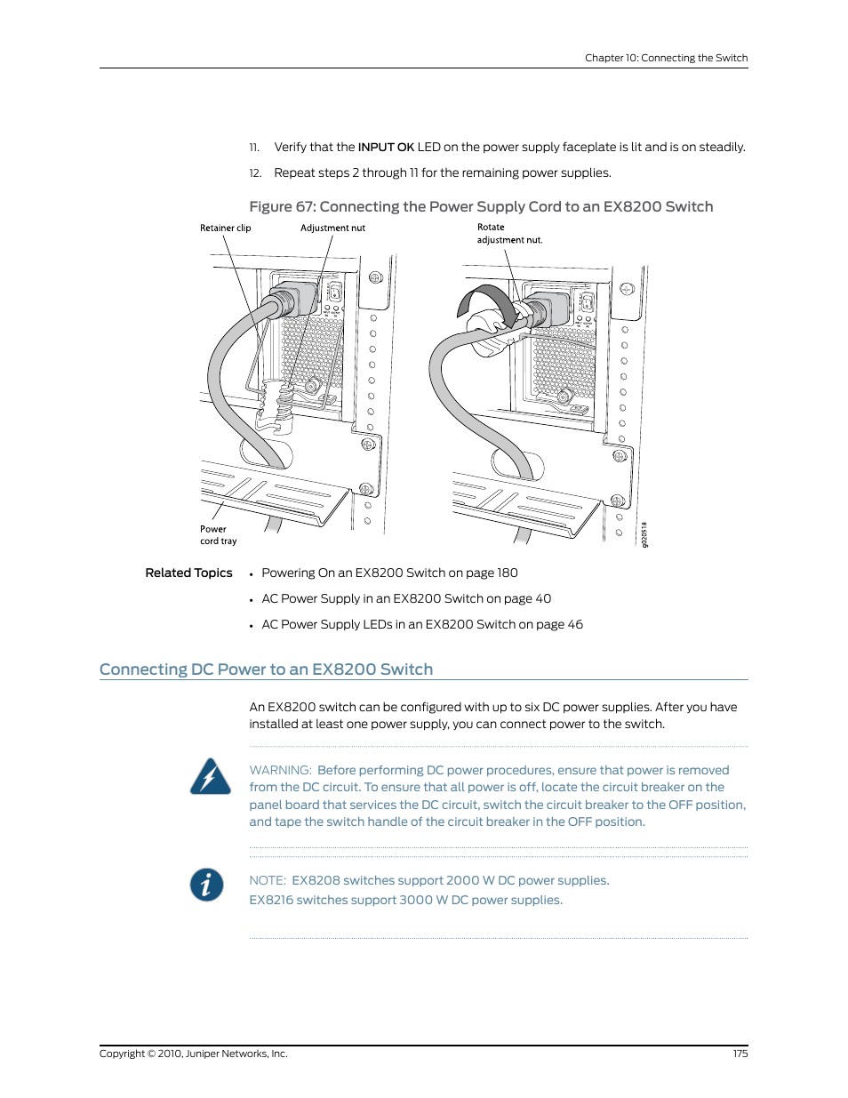 Connecting dc power to an ex8200 switch | Juniper Networks EX8208 User Manual | Page 201 / 338