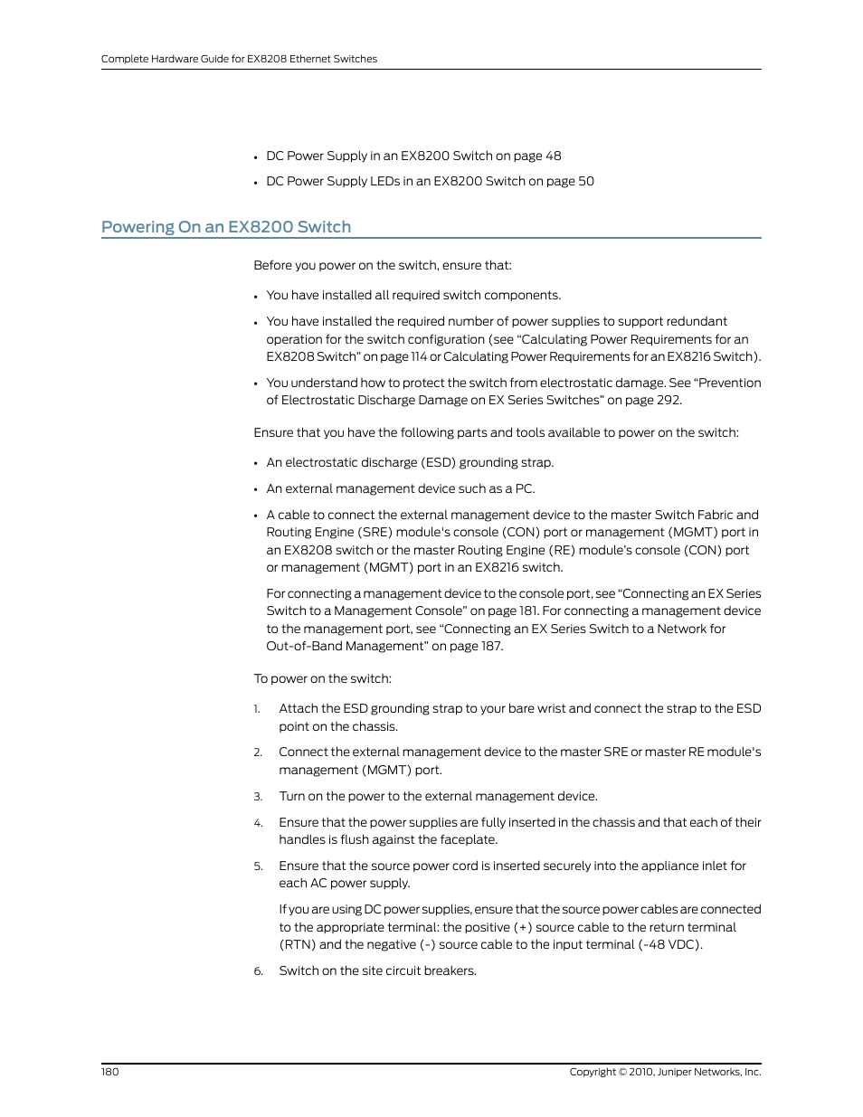 Powering on an ex8200 switch | Juniper Networks EX8208 User Manual | Page 206 / 338