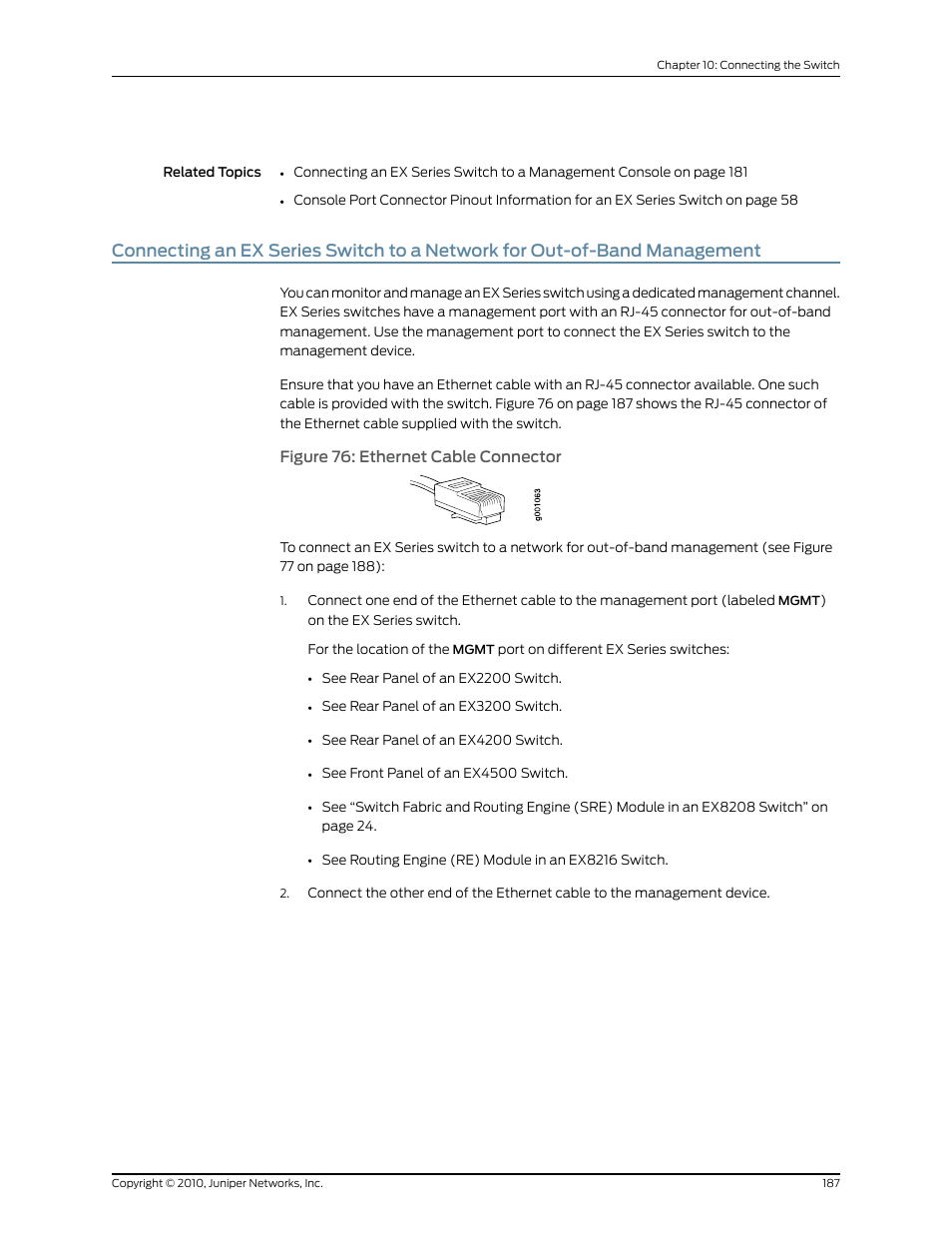 Figure 76: ethernet cable connector | Juniper Networks EX8208 User Manual | Page 213 / 338