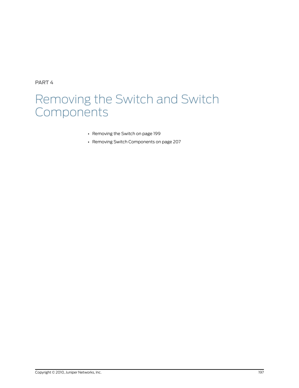 Part 4: removing the switch and switch components, Part 4, Removing the switch and switch components | Juniper Networks EX8208 User Manual | Page 223 / 338