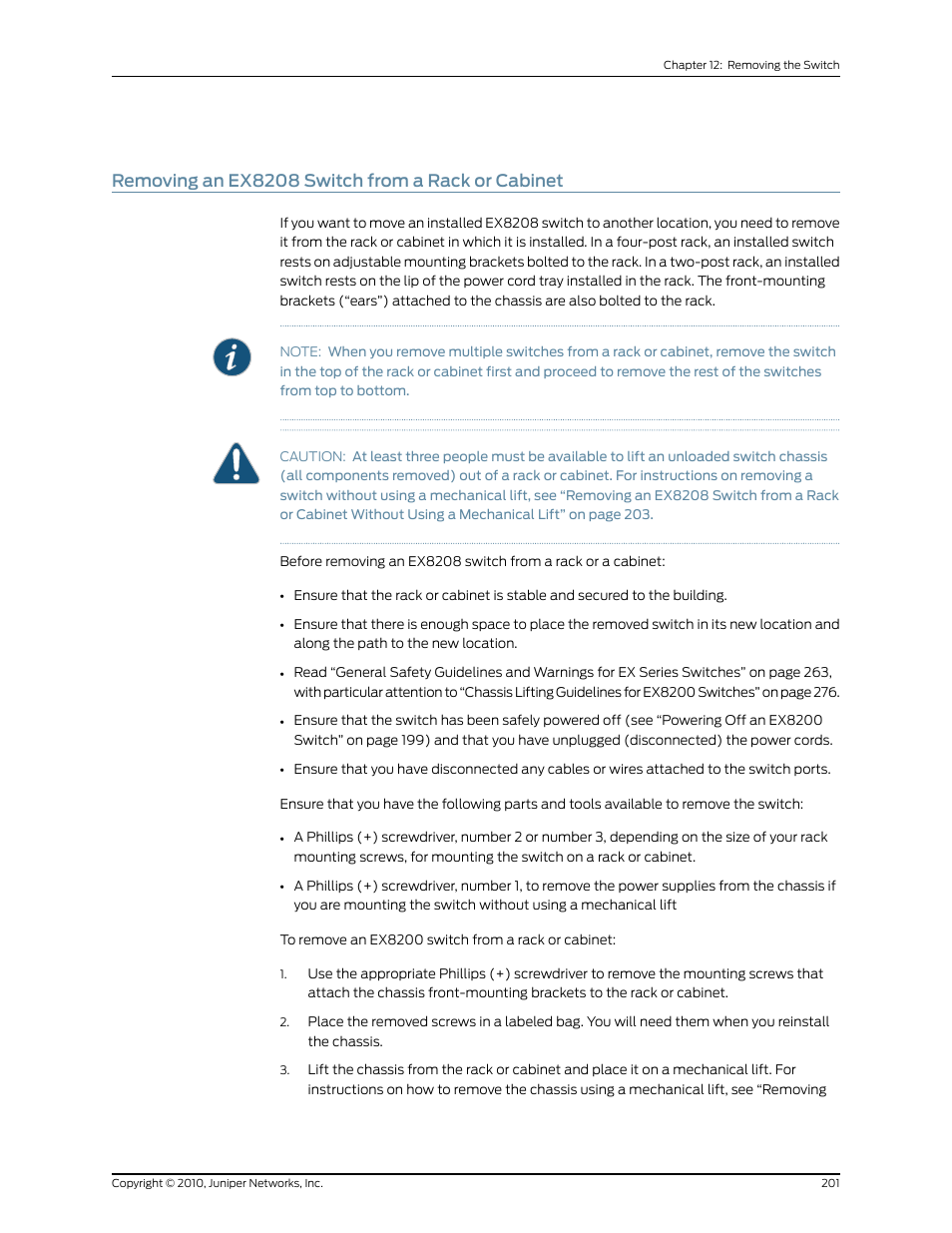 Removing an ex8208 switch from a rack or cabinet | Juniper Networks EX8208 User Manual | Page 227 / 338