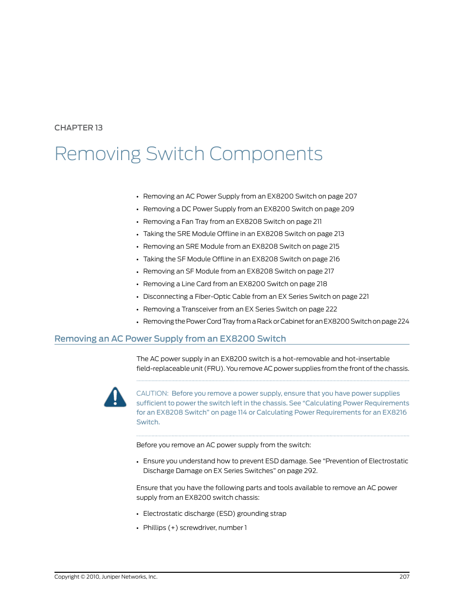 Chapter 13: removing switch components, Removing an ac power supply from an ex8200 switch, Chapter 13 | Removing switch components | Juniper Networks EX8208 User Manual | Page 233 / 338