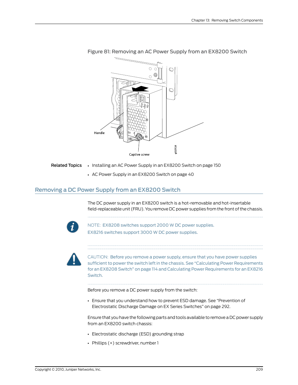 Removing a dc power supply from an ex8200 switch | Juniper Networks EX8208 User Manual | Page 235 / 338