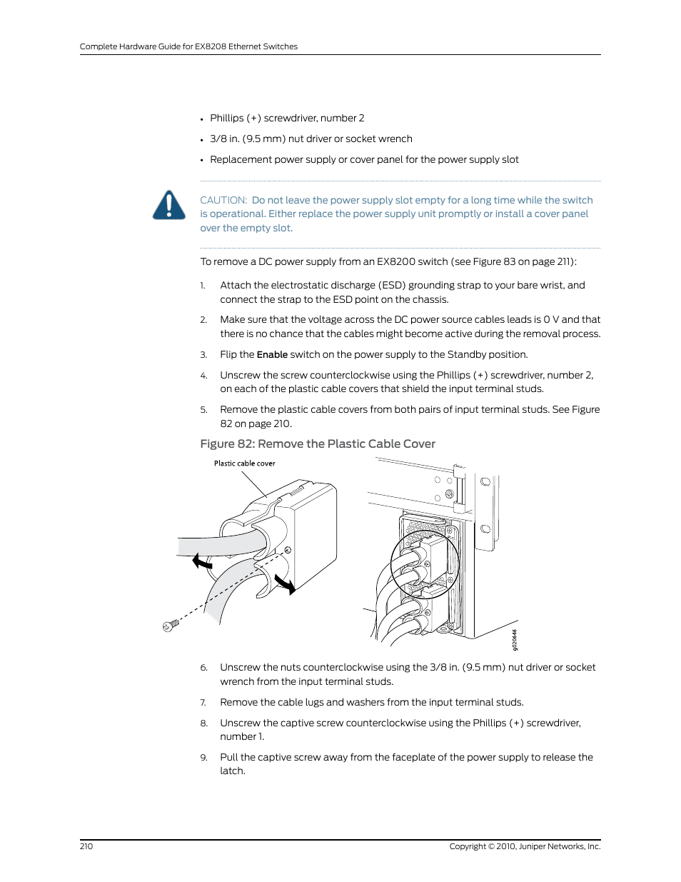 Figure 82: remove the plastic cable cover | Juniper Networks EX8208 User Manual | Page 236 / 338