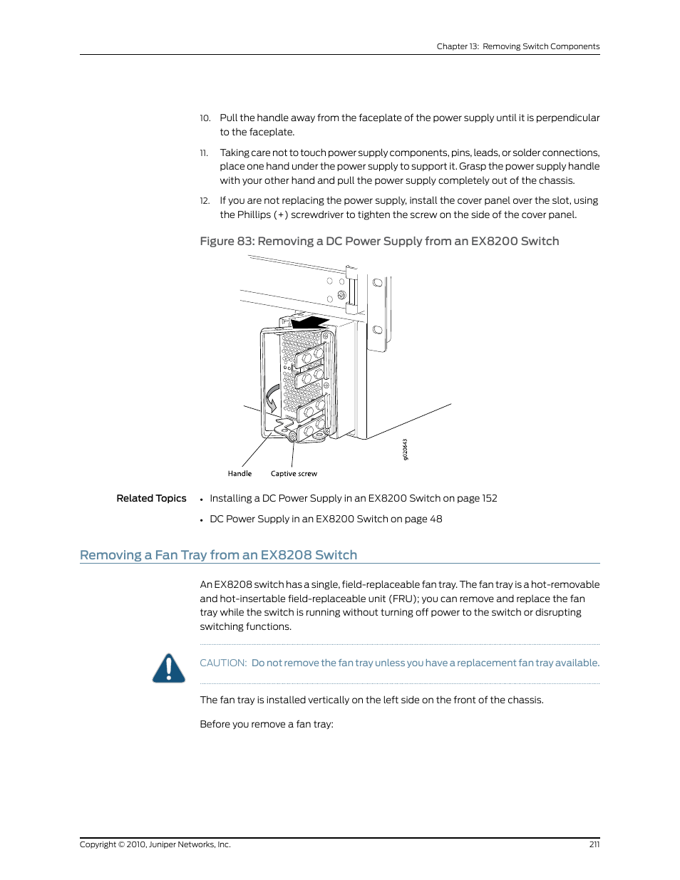 Removing a fan tray from an ex8208 switch | Juniper Networks EX8208 User Manual | Page 237 / 338