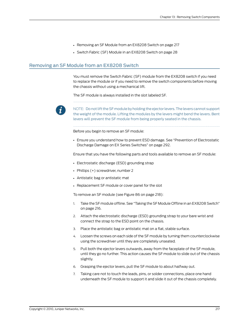 Removing an sf module from an ex8208 switch | Juniper Networks EX8208 User Manual | Page 243 / 338