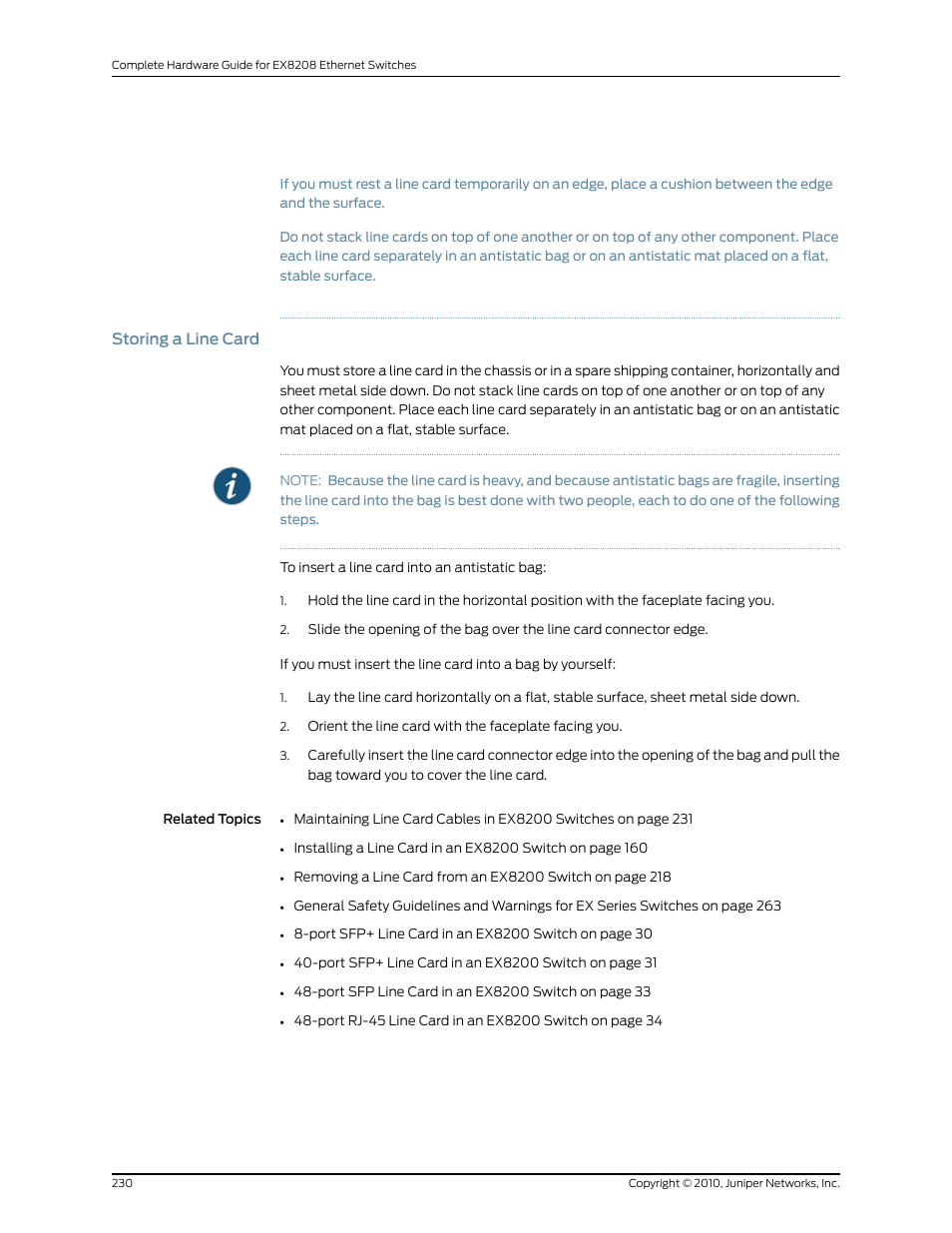 Storing a line card | Juniper Networks EX8208 User Manual | Page 256 / 338