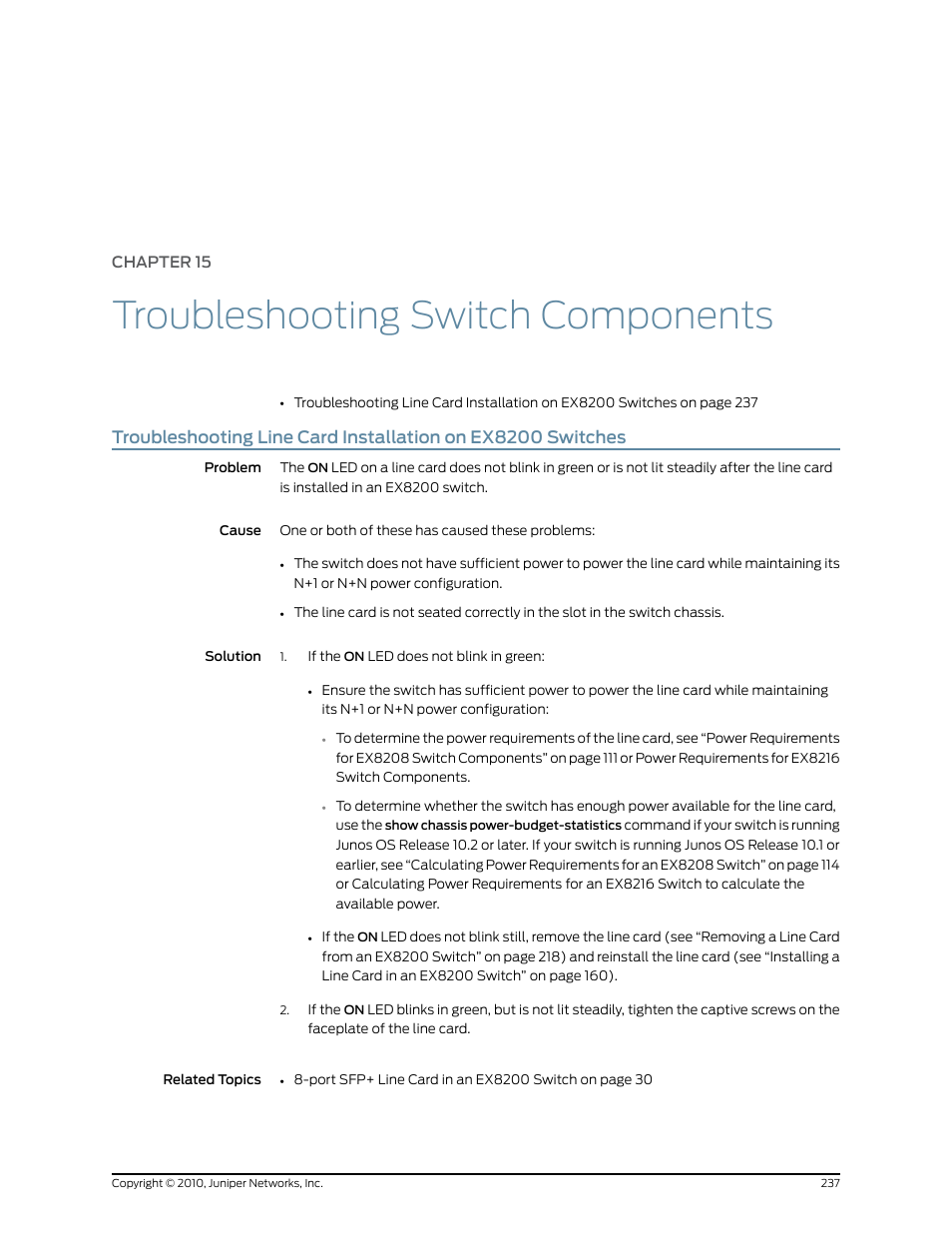Chapter 15: troubleshooting switch components, Chapter 15, Troubleshooting switch components | Juniper Networks EX8208 User Manual | Page 263 / 338