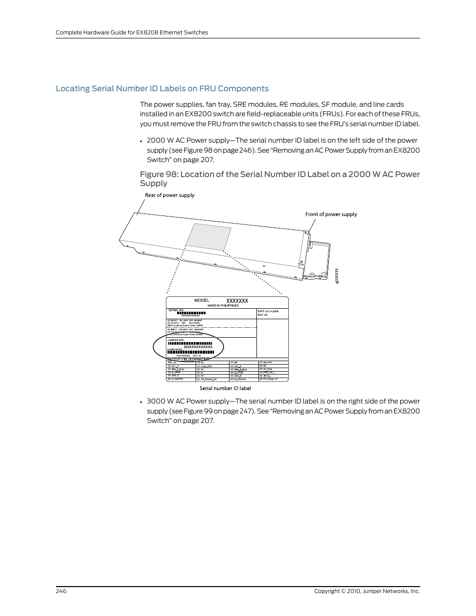 Locating serial number id labels on fru components, Supply | Juniper Networks EX8208 User Manual | Page 272 / 338