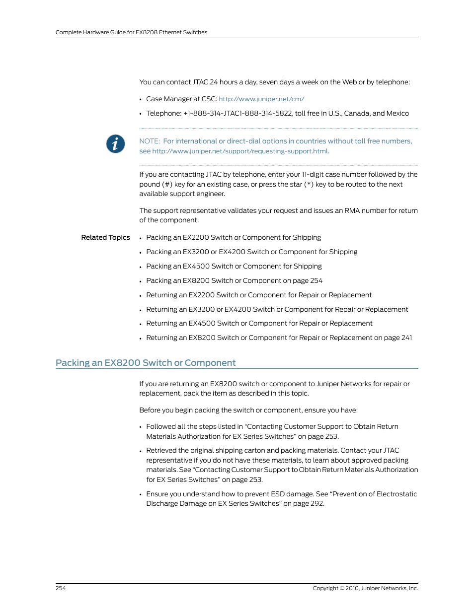 Packing an ex8200 switch or component | Juniper Networks EX8208 User Manual | Page 280 / 338