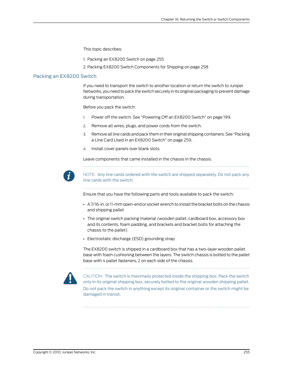 Packing an ex8200 switch | Juniper Networks EX8208 User Manual | Page 281 / 338