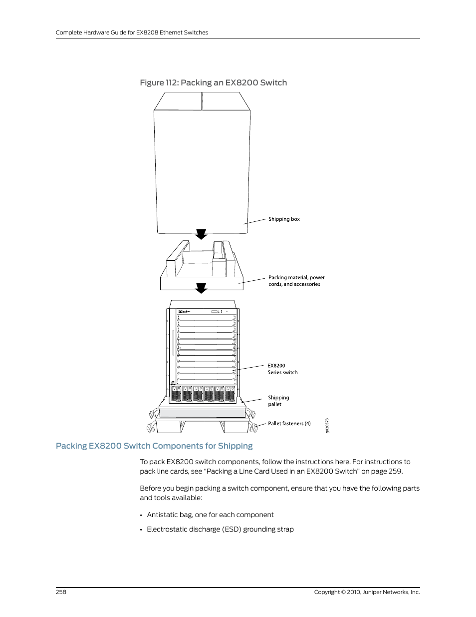 Packing ex8200 switch components for shipping, Figure 112: packing an ex8200 switch | Juniper Networks EX8208 User Manual | Page 284 / 338