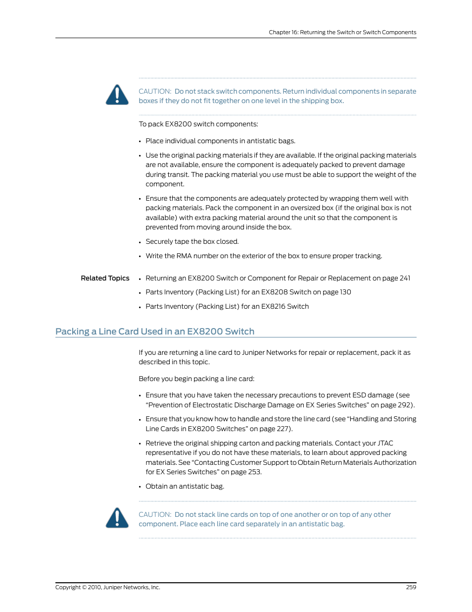 Packing a line card used in an ex8200 switch | Juniper Networks EX8208 User Manual | Page 285 / 338