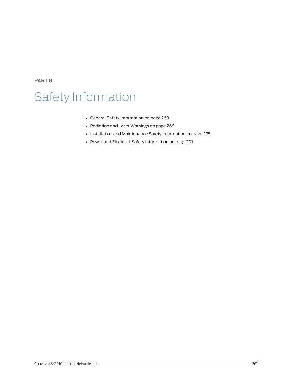 Part 8: safety information, Part 8, Safety information | Juniper Networks EX8208 User Manual | Page 287 / 338