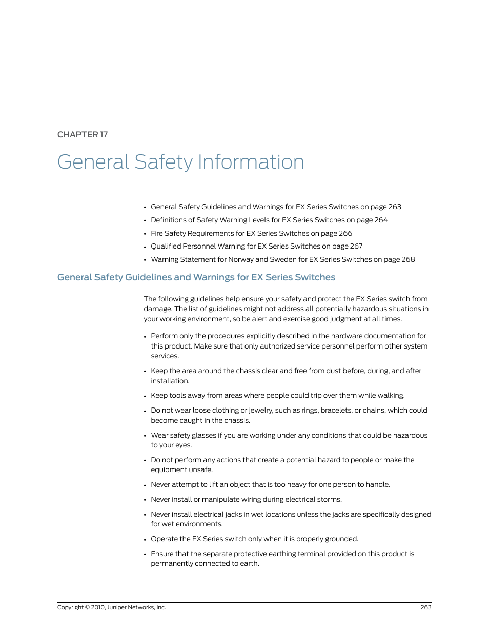 Chapter 17: general safety information, Chapter 17, General safety information | Juniper Networks EX8208 User Manual | Page 289 / 338