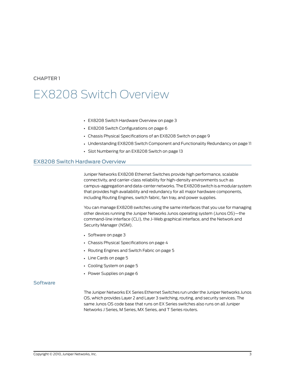 Chapter 1: ex8208 switch overview, Ex8208 switch hardware overview, Software | Chapter 1, Ex8208 switch overview | Juniper Networks EX8208 User Manual | Page 29 / 338